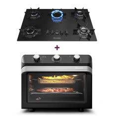 Kit Fritadeira elétrica Fryer Air Forno 35 Litros + Cooktop 5 bocas a gás mesa de vidro ultra chama