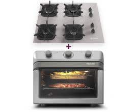 Kit Fritadeira elétrica Fryer Air Forno 35 Litros Prata + Cooktop 4 bocas de Alumínio com Ultra Chama