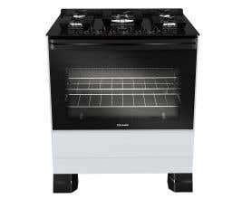 Fogão Mueller 5 bocas Branco com Mesa de Vidro e grades de ferro fundido MFV5BF