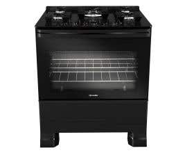 Fogão Mueller 5 bocas Preto com Mesa de Vidro e grades de ferro fundido MFV5BF