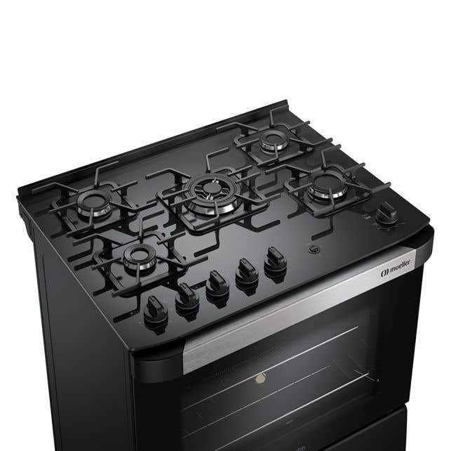 Fogão Mueller 5 bocas Decorato Vetro Preto Fosco com mesa de vidro