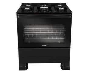 Fogão Mueller 5 bocas Preto com Mesa de Vidro e grades de ferro fundido MFV5BF