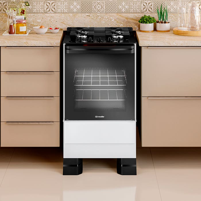 Fogão Mueller 4 bocas Branco com Mesa de Vidro e grades de ferro fundido MFV4BF